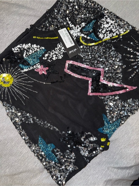 Nasty Gal Dresses & Skirts - NASTY GAL Sequin Embellished Black Mini Skirt with Colorful Motifs
